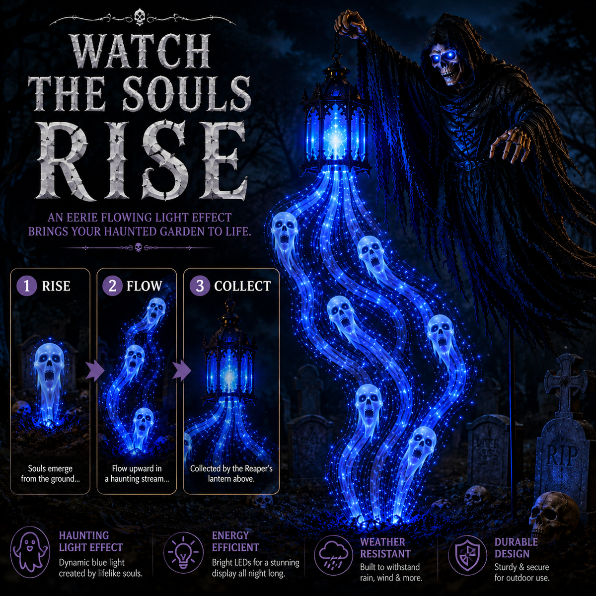 🎃 Turn Your Yard Into A Haunted Halloween Scene | Solar-Powered Animated Garden Lights with Glowing Ghost Effects | Witch, Reaper, Scarecrow & More