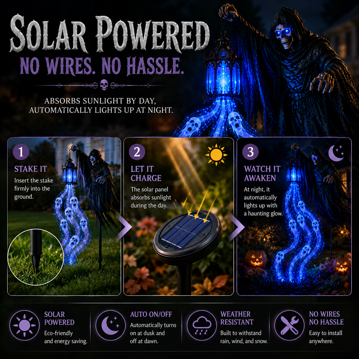 🎃 Turn Your Yard Into A Haunted Halloween Scene | Solar-Powered Animated Garden Lights with Glowing Ghost Effects | Witch, Reaper, Scarecrow & More